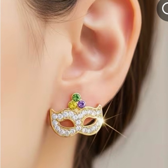 Gold Rhinestone Mask Earrings - Picture 3 of 4